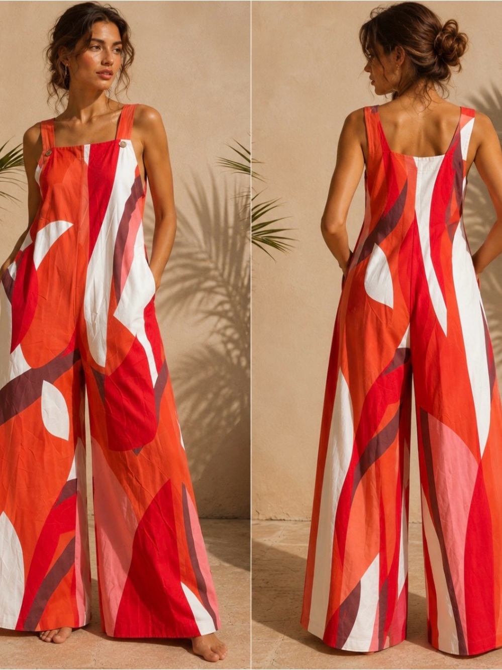 Collection By Cazele Red, Orange & White Wide-Leg Jumpsuit SMALL